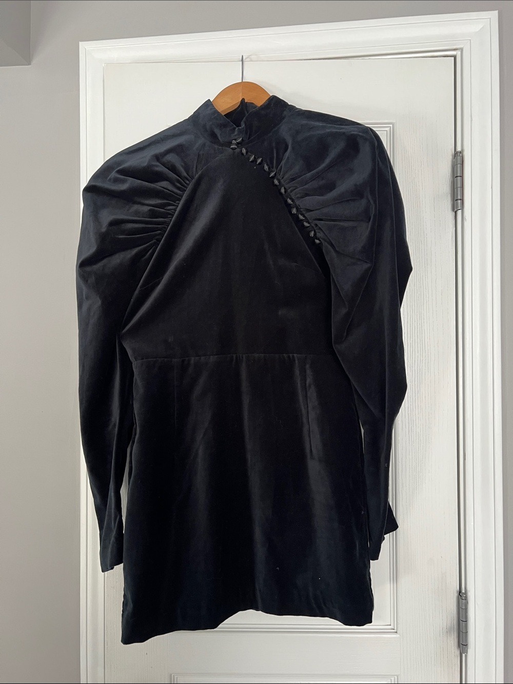 ROTATE Black Velvet High-Neck Mini Dress with Button Detail
